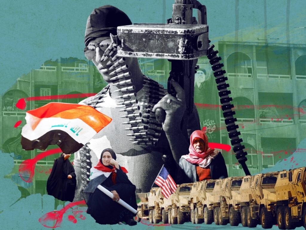 Political photomontage showing an armed fighter with ammunition belts, Iraqi flags, and US military vehicles, illustrating complex security dynamics and enduring Iran Influence in Iraq.