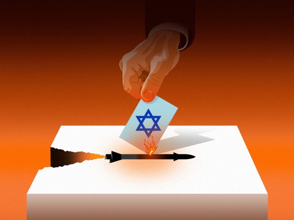 An conceptual illustration of a hand casting a ballot paper with the Star of David into a slot ignited by a flying missile, symbolizing electoral outcomes and the looming Israel-Iran War.