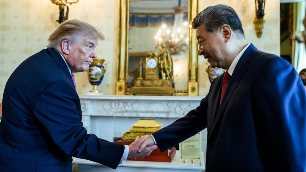 US President Donald Trump shaking hands with Chinese President Xi Jinping inside the White House, illustrating diplomatic relations surrounding the US-China Rapprochement.