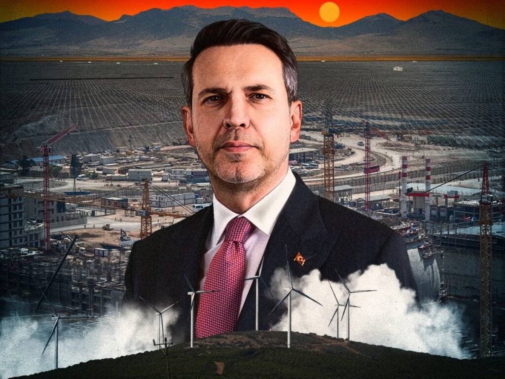 A graphic composite of Turkish Energy Minister Alparslan Bayraktar set against wind turbines, solar panels, and power infrastructure, illustrating strategic diversification for Turkey energy security.