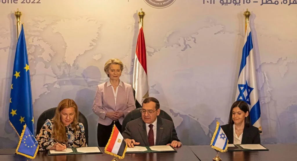 Why the Egypt-Israel Gas Deal Defers Conflict, Not Ends It Representatives from the EU, Egypt, and Israel signing a trilateral natural gas agreement in Cairo, reflecting energy diplomacy and strategic interdependence under the Egypt-Israel Gas Deal.