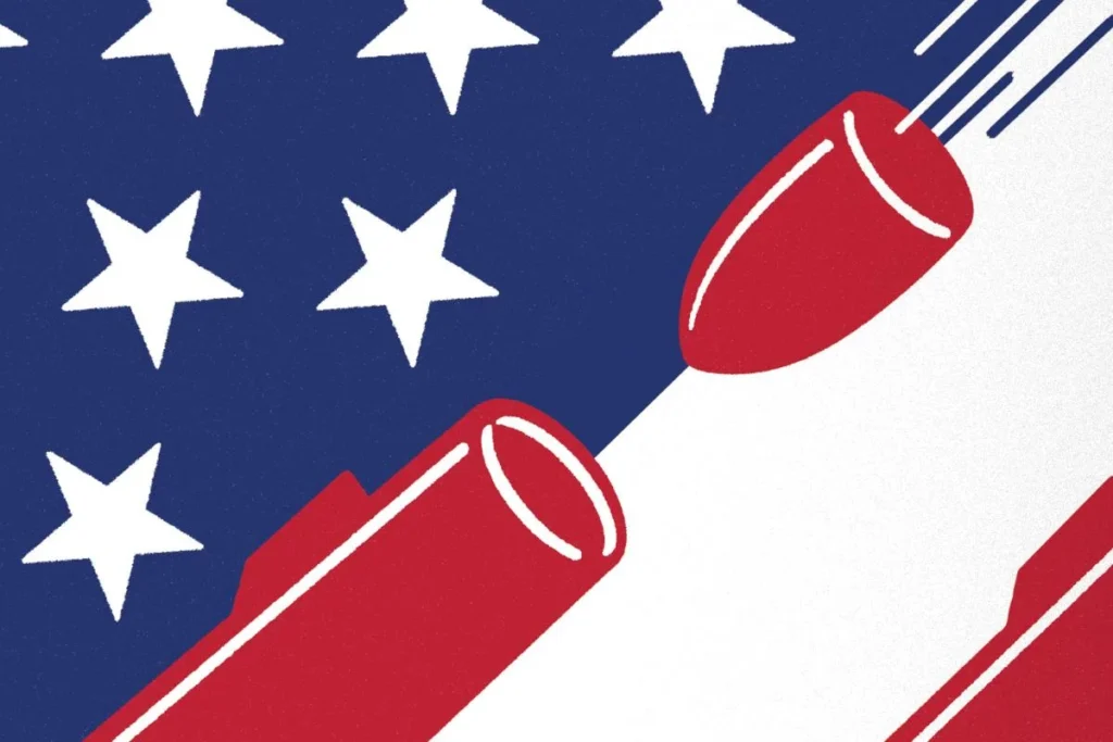 A graphic illustration featuring a bullet fired from red stripes against an American flag motif, symbolizing US Military Overreach and foreign intervention risks.