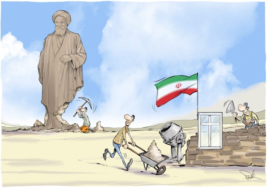 Editorial cartoon showing citizens chipping away at a giant clerical statue while constructing a new building under the national flag, contrasting the endurance of the nation against the collapse of the Iran Theocracy.