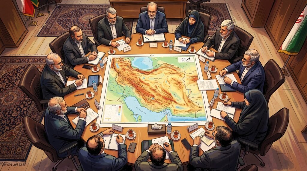 An illustration of Iranian government officials gathering around a strategic map of Iran, analyzing geopolitical lessons from the Iran-Iraq War.