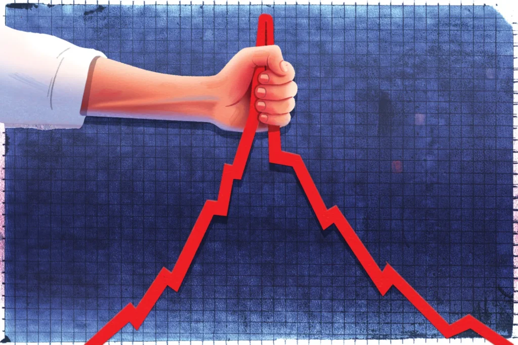 A hand pulling down a red graph line, illustrating the disruptive impact of Economic Chokepoints on global security.