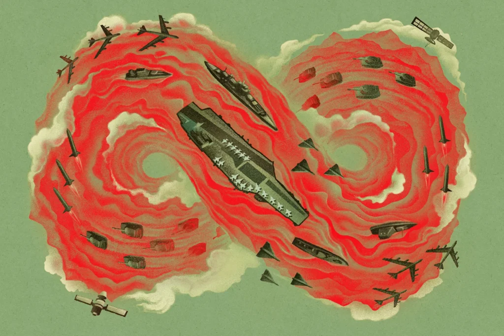 Military Victory Myth: Why Trump’s Iran War Won’t End Soon Editorial illustration of an aircraft carrier, tanks, jets, and missiles moving inside a red infinity loop, debunking the Military Victory Myth in protracted conflicts.