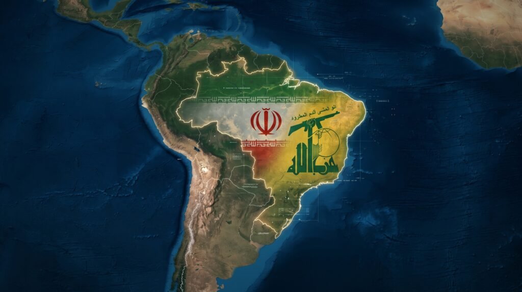 چرا حزبالله در برزیل از زیر دست تحقیقات جزیرهای میلغزد A satellite map of South America highlighting Brazil's borders overlaid with the flags of Iran and Hezbollah, illustrating illicit regional networks and Hezbollah in Brazil.
