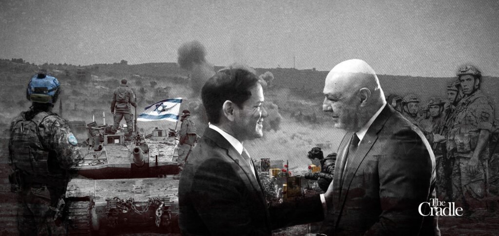 نزع سلاح حزب الله: لبنان لا يمكنه ترك الأمر لجيشه A composite graphic featuring US Secretary of State Marco Rubio shaking hands with Lebanese President Joseph Aoun, set against UN peacekeepers, Israeli military armor, and Lebanese soldiers, illustrating strategic pressures surrounding Disarming Hezbollah.