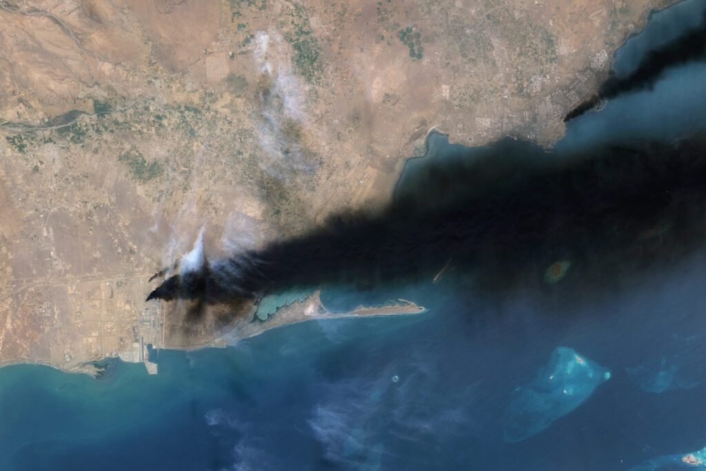 Satellite imagery showing a thick plume of black smoke rising over Saudi Aramco’s Jazan refinery, underscoring the shift in Gulf Security Ties as regional energy infrastructure faces security threats.