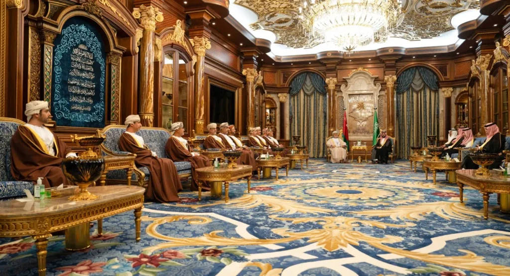 Saudi and Omani leaders seated in an ornate palace hall in Jeddah, highlighting the diplomatic push for GCC cooperation as the Gulf's best path out of the Iran war.