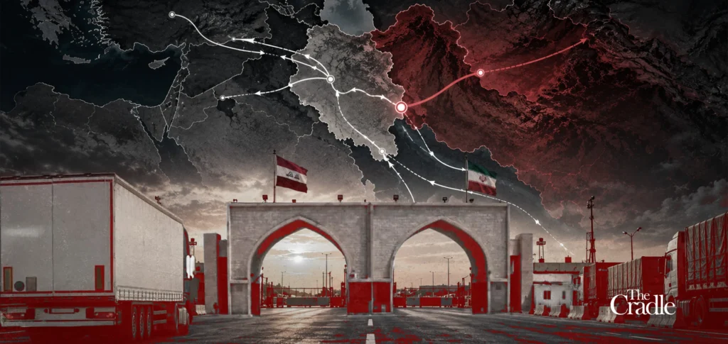 Al-Sheeb closure: Iraq’s border becomes a battleground for regional corridors A strategic border crossing gate with flags of Iraq and Iran flanked by cargo trucks under a regional map showing trade routes, illustrating trade disruptions from the Al-Sheeb closure.