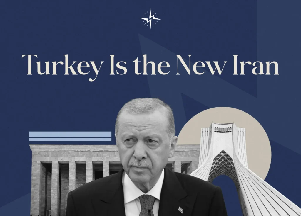A geopolitical collage of Erdogan, Tehran's Azadi Tower, and the text "Turkey Is the New Iran," illustrating how Turkey-Iran Ties turn NATO membership into a safe haven.