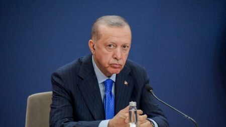 Turkish President Recep Tayyip Erdoğan seated at a microphone, representing the Turkey financial scandal and authoritarian context.