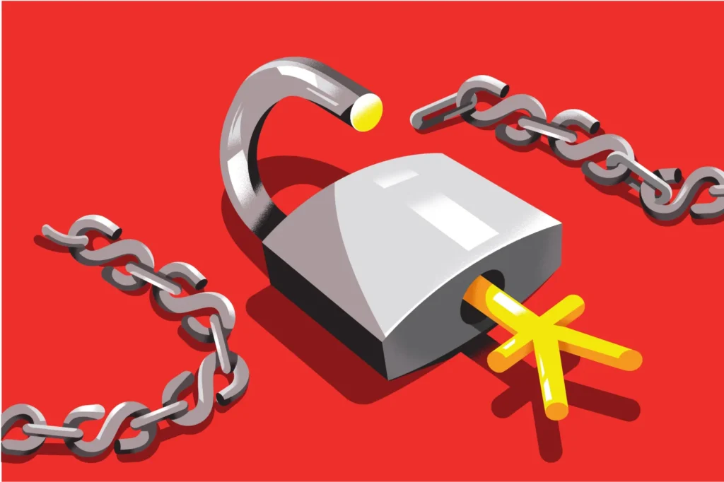 A graphic illustration of a large silver padlock being unlocked by a yellow Chinese Yuan key while dollar-shaped chain links break apart, symbolizing efforts to challenge Dollar Dominance.